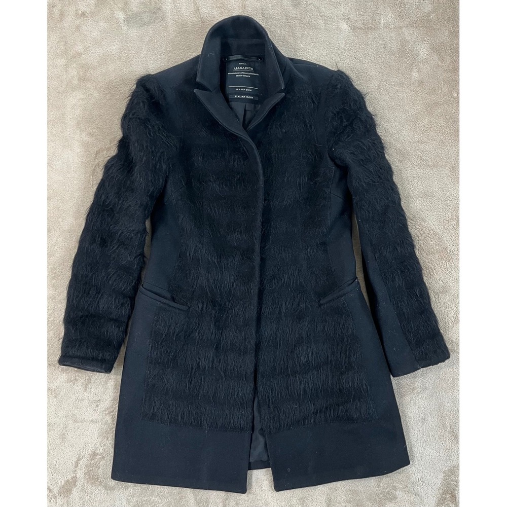 AllSaints Wool Blend Coat Women 4 S Black textured shaggy faux fur Sleeve EUC